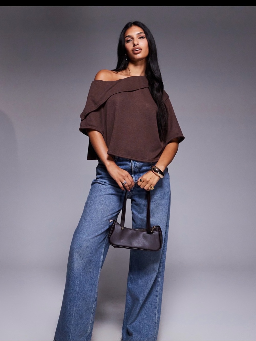 ASOS DESIGN semi sheer knit cape top with fold detail in brown